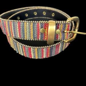 Vintage Multicolor Woven Striped Southwestern Belt Metal Buckle Boho Western